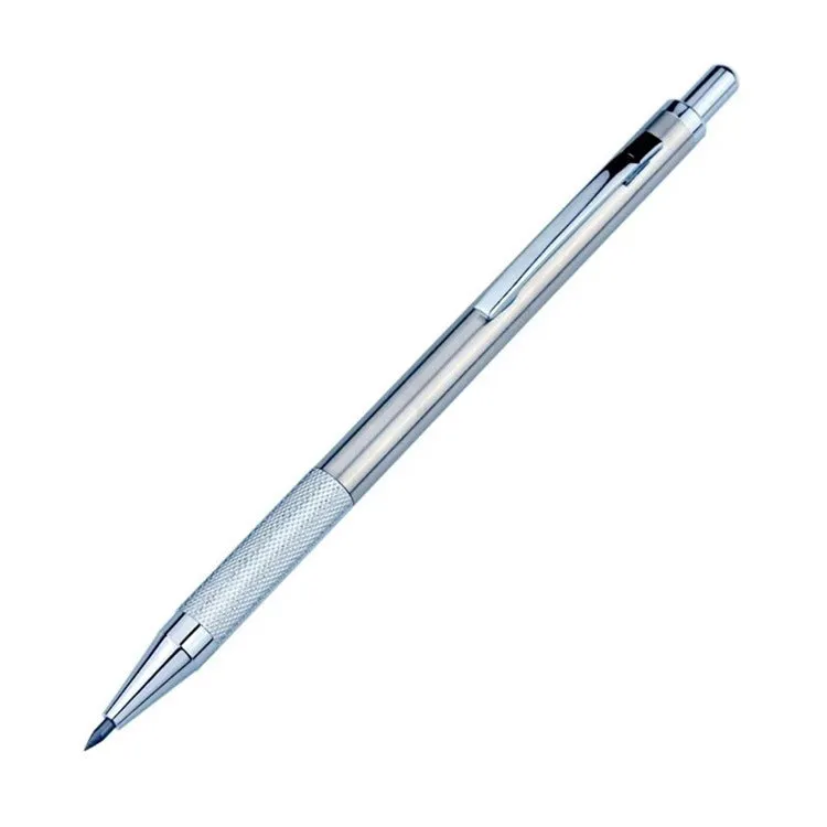 Metal automatic mechanical pencil showing six compatible lead sizes from 0.3mm to 2.0mm