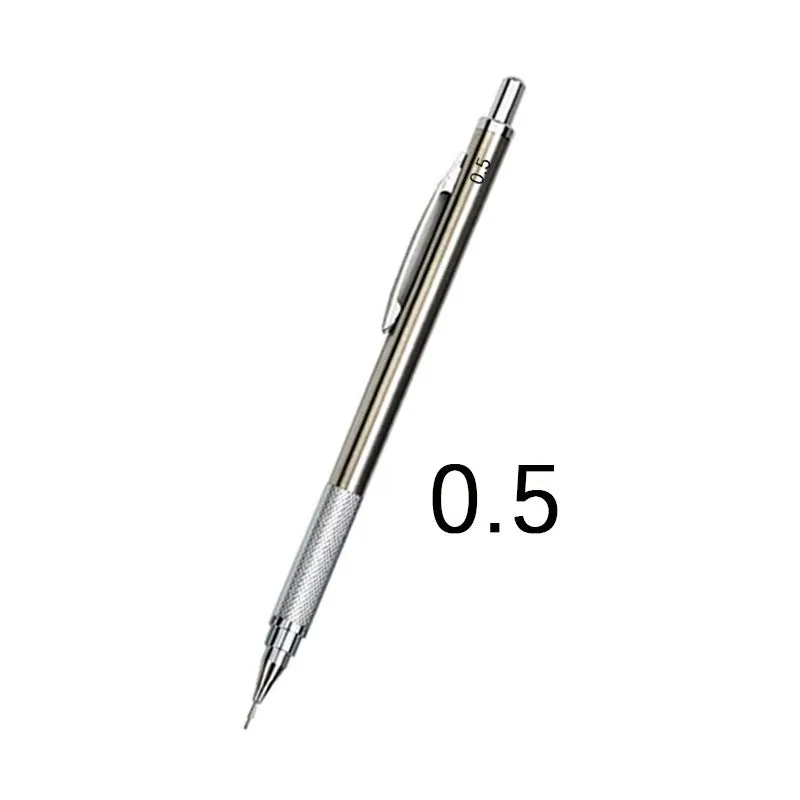 Metal automatic mechanical pencil showing six compatible lead sizes from 0.3mm to 2.0mm