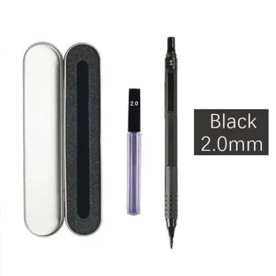 Metal automatic mechanical pencil showing six compatible lead sizes from 0.3mm to 2.0mm