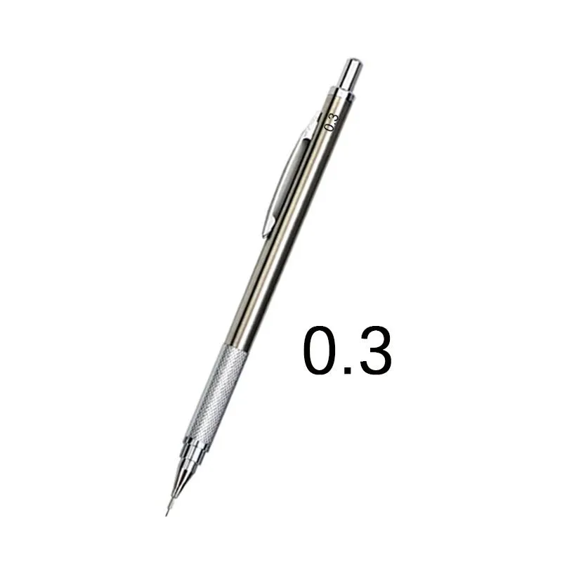 Metal automatic mechanical pencil showing six compatible lead sizes from 0.3mm to 2.0mm