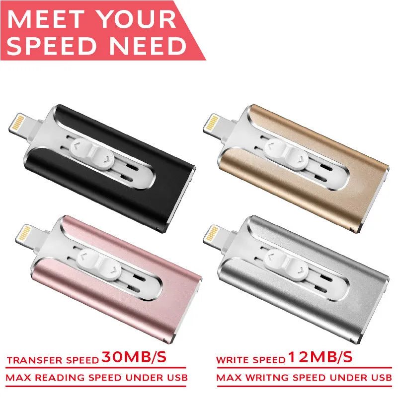 A metal USB flash drive with both a USB-A connector and an Apple Lightning connector.