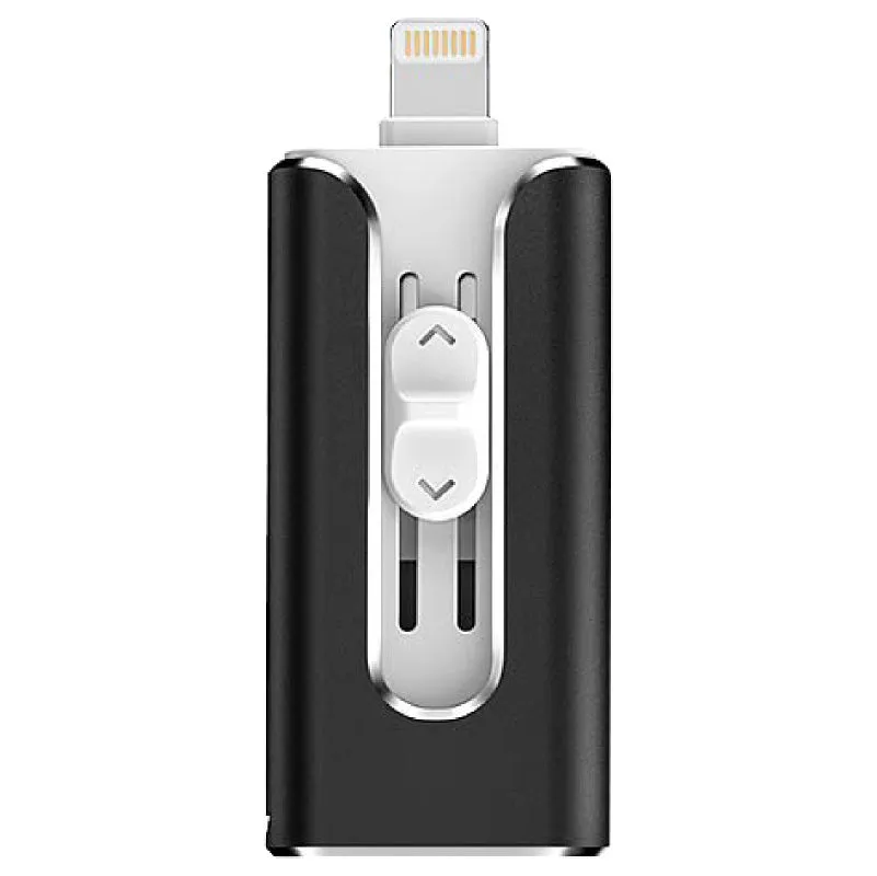 A metal USB flash drive with both a USB-A connector and an Apple Lightning connector.