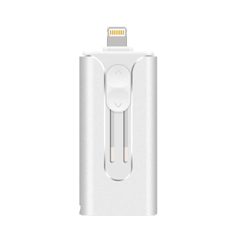 A metal USB flash drive with both a USB-A connector and an Apple Lightning connector.