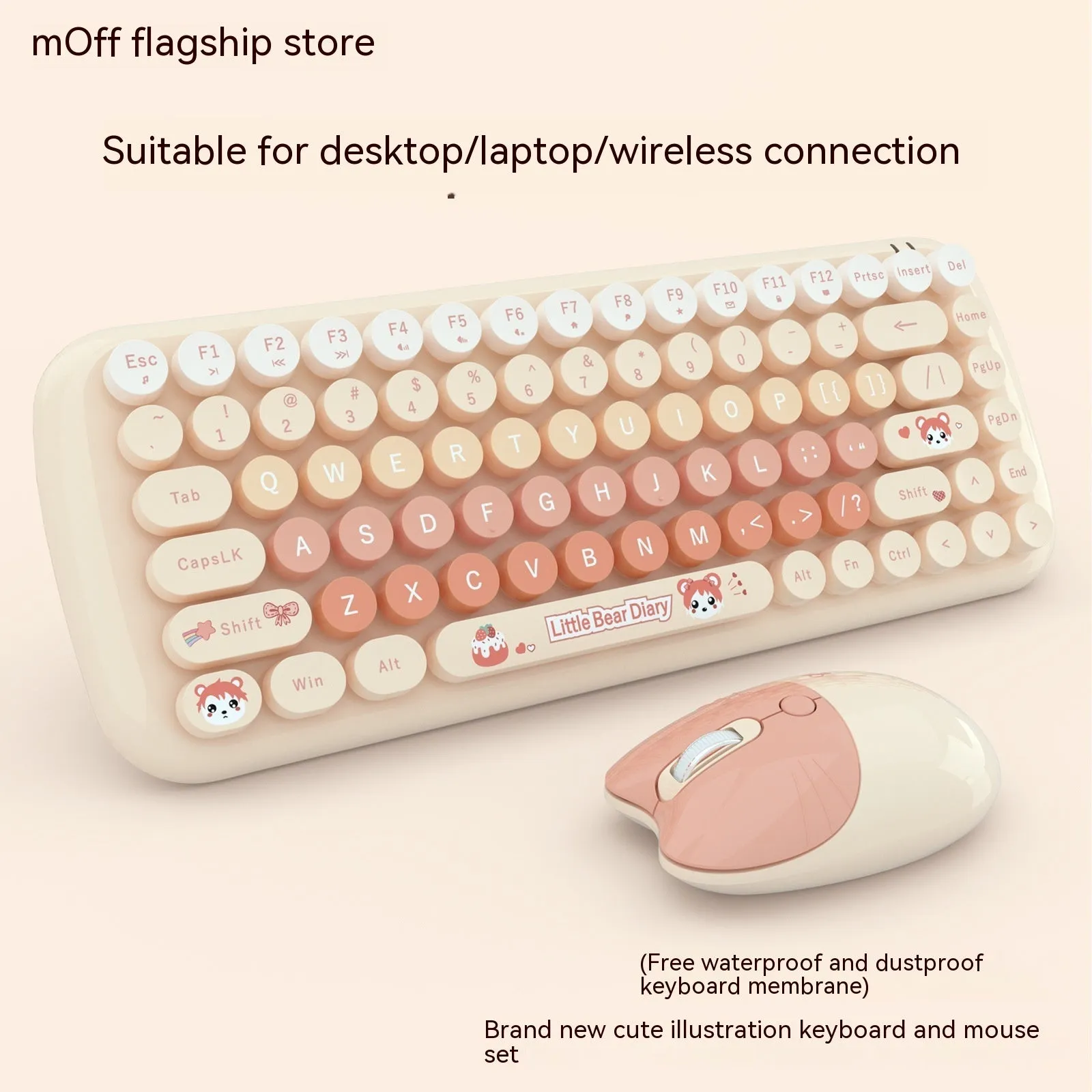 Pink cartoon wireless keyboard and mouse set with compact design for laptop and desktop use