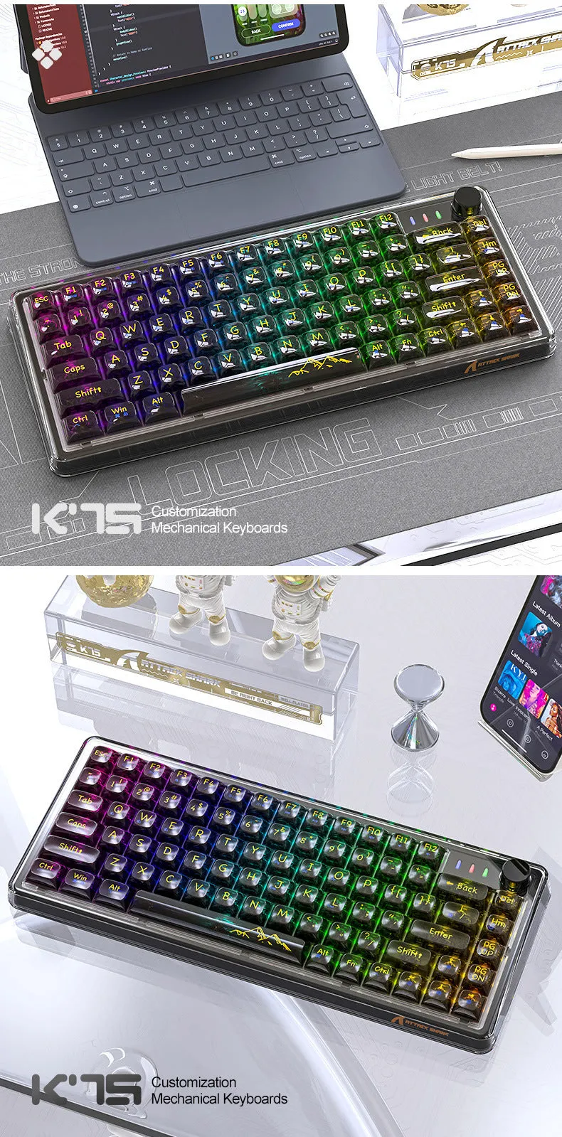 Attack Shark K75RGB wireless mechanical keyboard with transparent case and RGB lighting