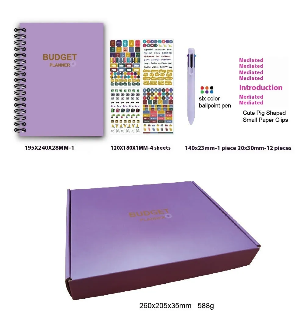 Purple A4 coil notebook for financial planning with budget pages, pen and accessories