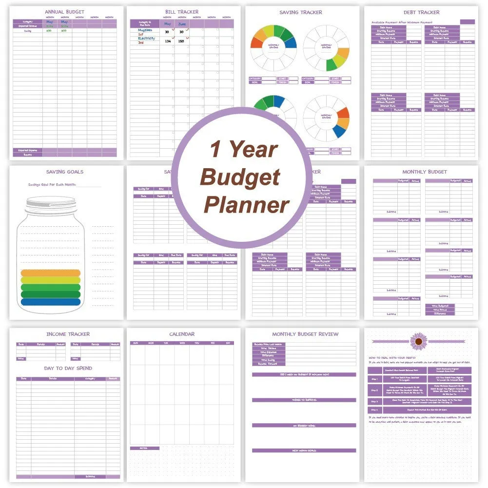 Purple A4 coil notebook for financial planning with budget pages, pen and accessories