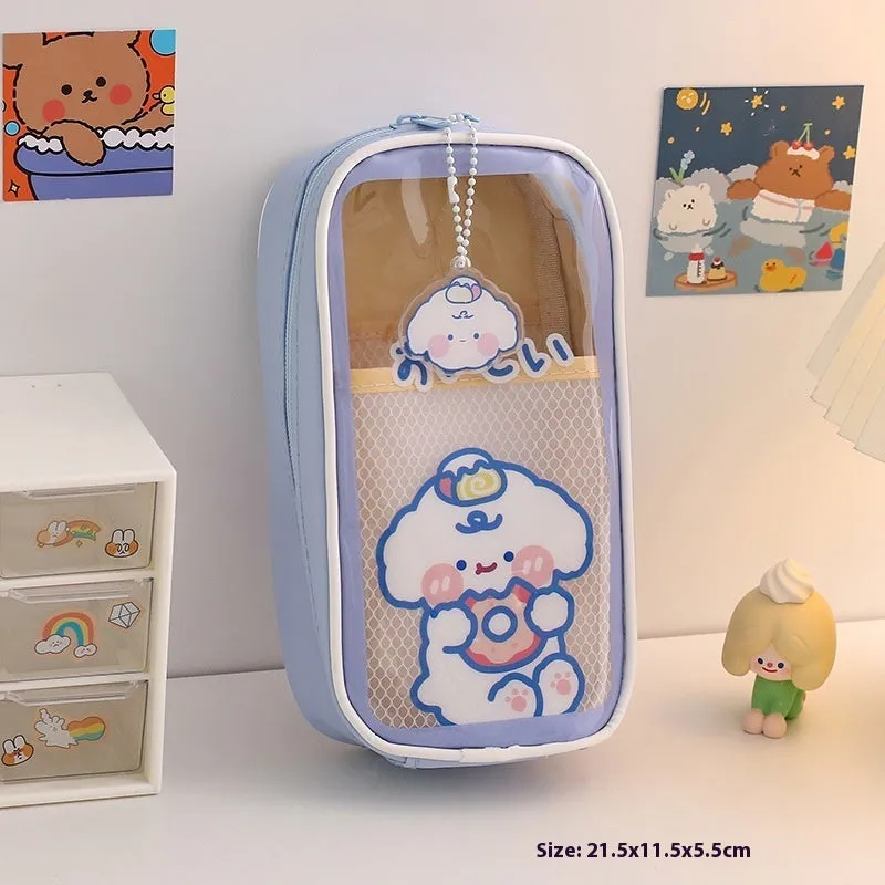Transparent PVC pencil case with cartoon design showing pens and pencils inside