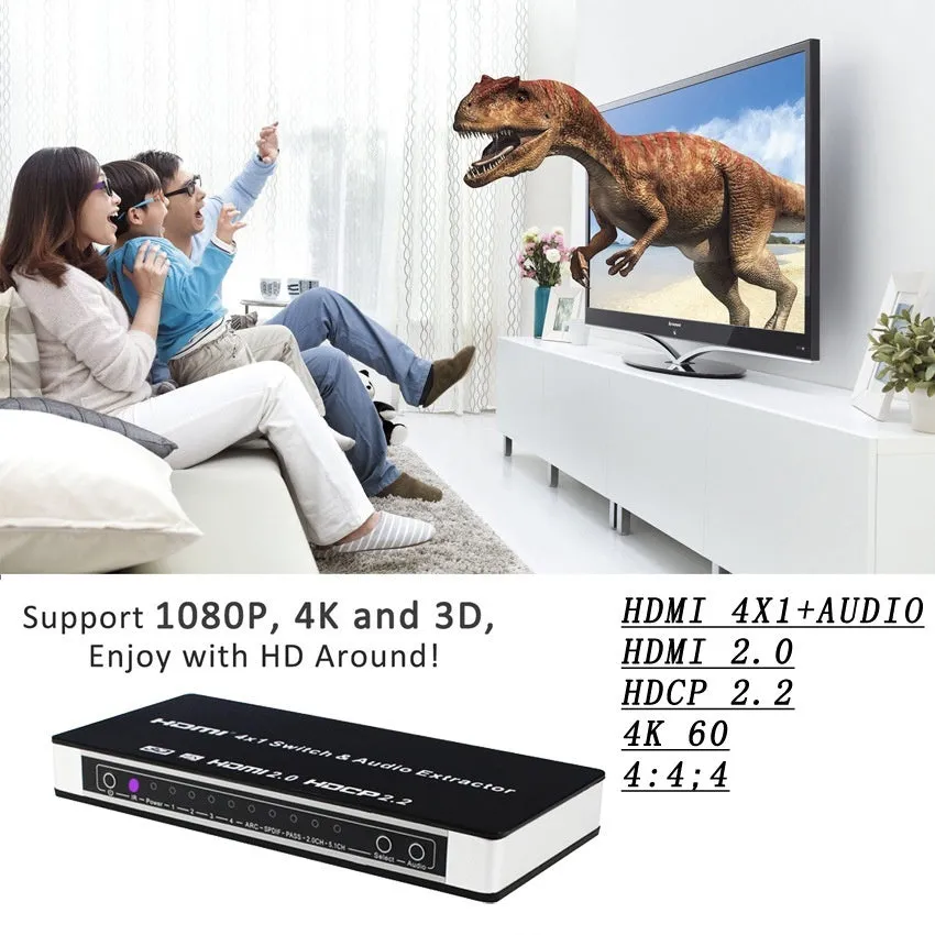 Black HDMI switch unit with four input ports, remote control, and 10m cable for video switching