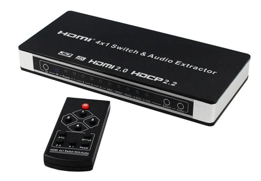 Black HDMI switch unit with four input ports, remote control, and 10m cable for video switching