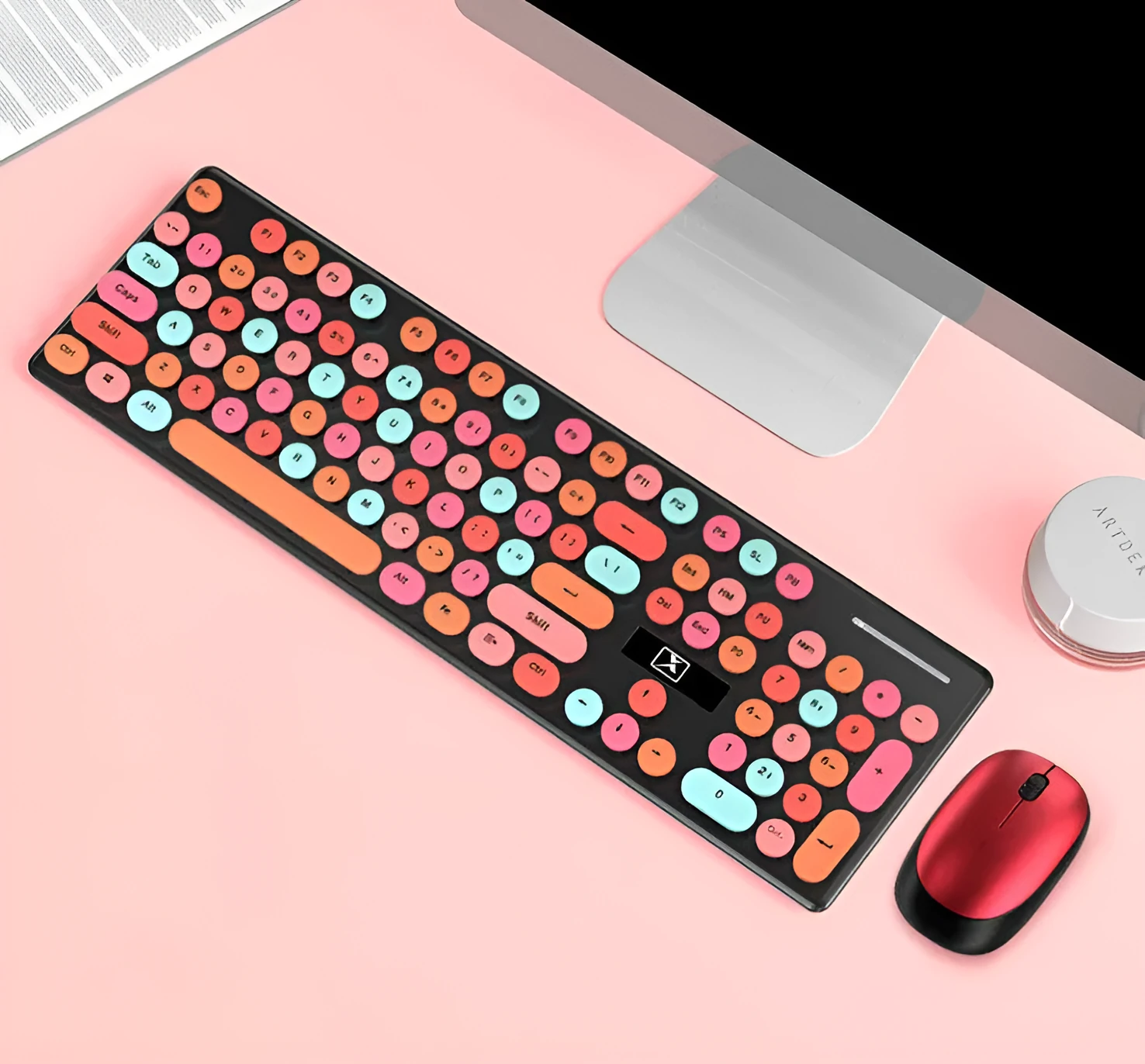 Vibrant yellow wireless keyboard and mouse set on a desk with USB receiver.