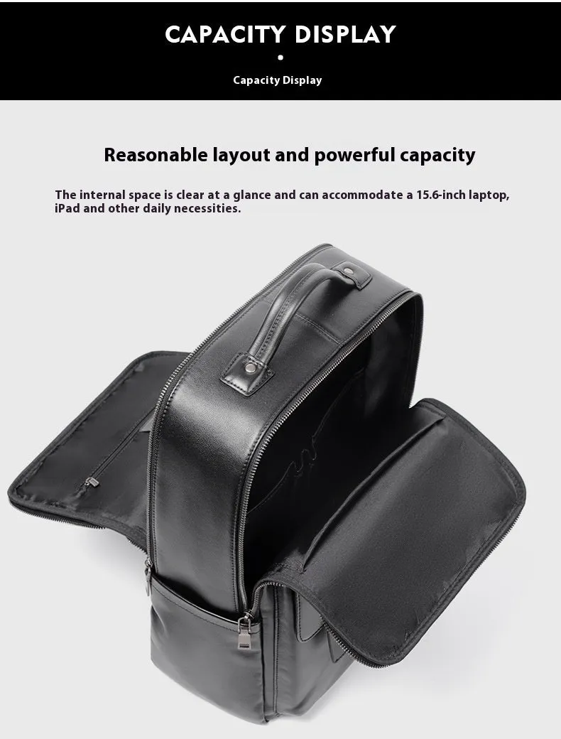 Black genuine leather computer backpack with 36-55 litre capacity and physiological curve back plate