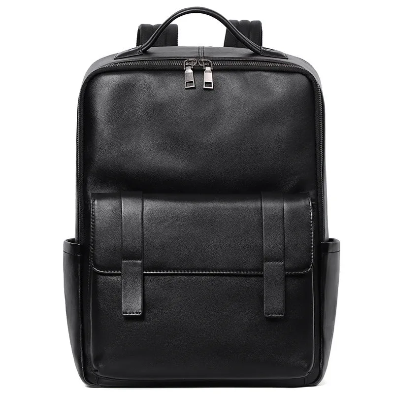 Black genuine leather computer backpack with 36-55 litre capacity and physiological curve back plate