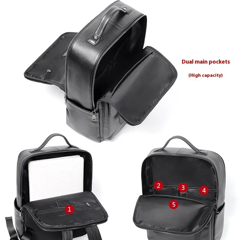 Black genuine leather computer backpack with 36-55 litre capacity and physiological curve back plate