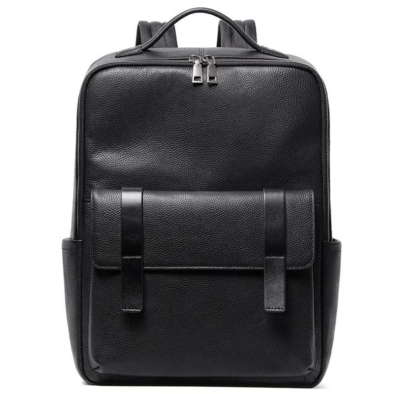 Black genuine leather computer backpack with 36-55 litre capacity and physiological curve back plate