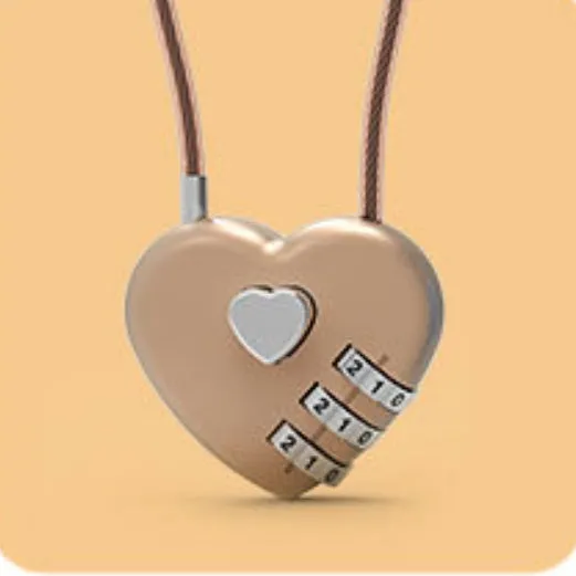 Peach Heart shaped wire rope lock in ABS plastic for securing bicycle helmets.