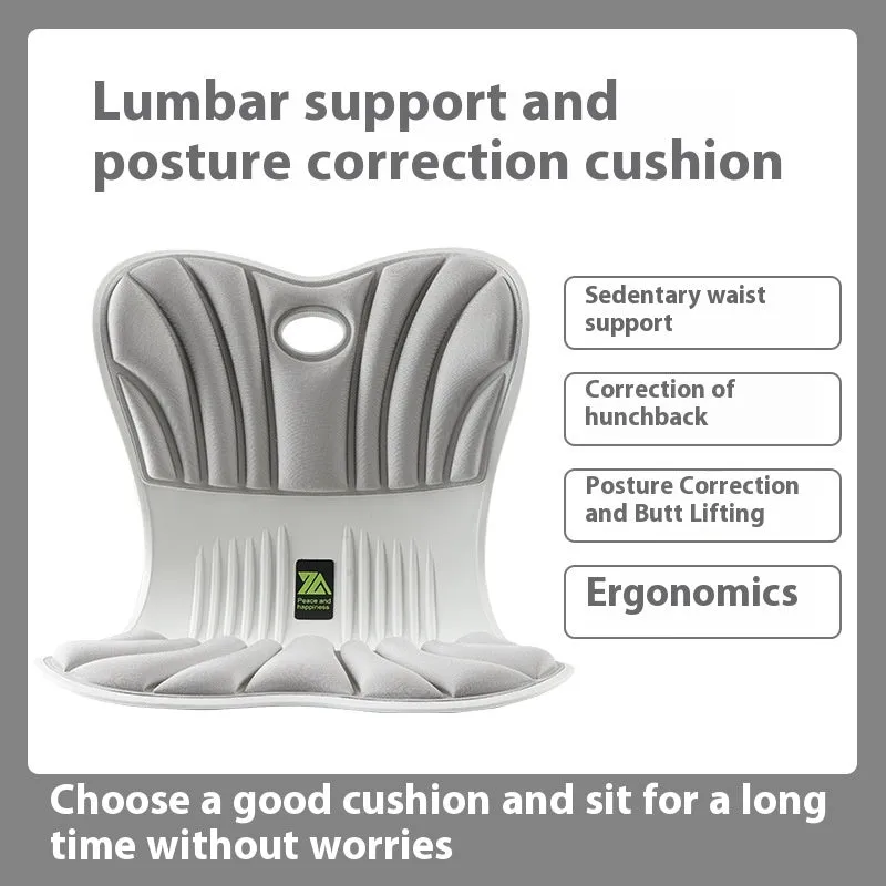Grey ergonomic office seat cushion for waist support and posture correction on a chair.