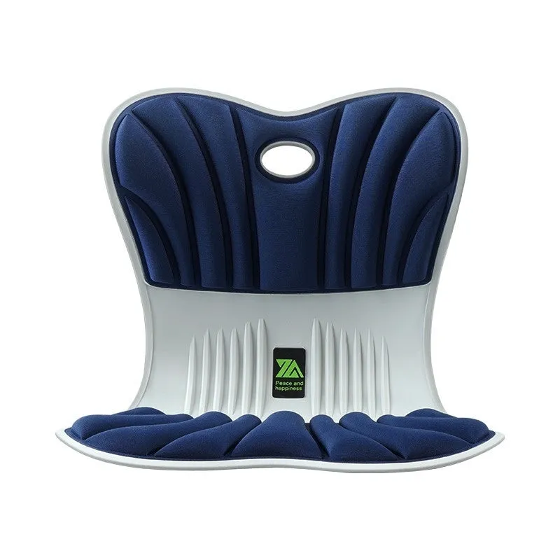 Grey ergonomic office seat cushion for waist support and posture correction on a chair.