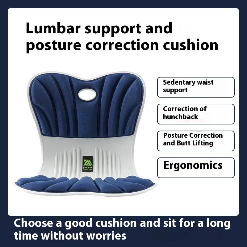 Grey ergonomic office seat cushion for waist support and posture correction on a chair.