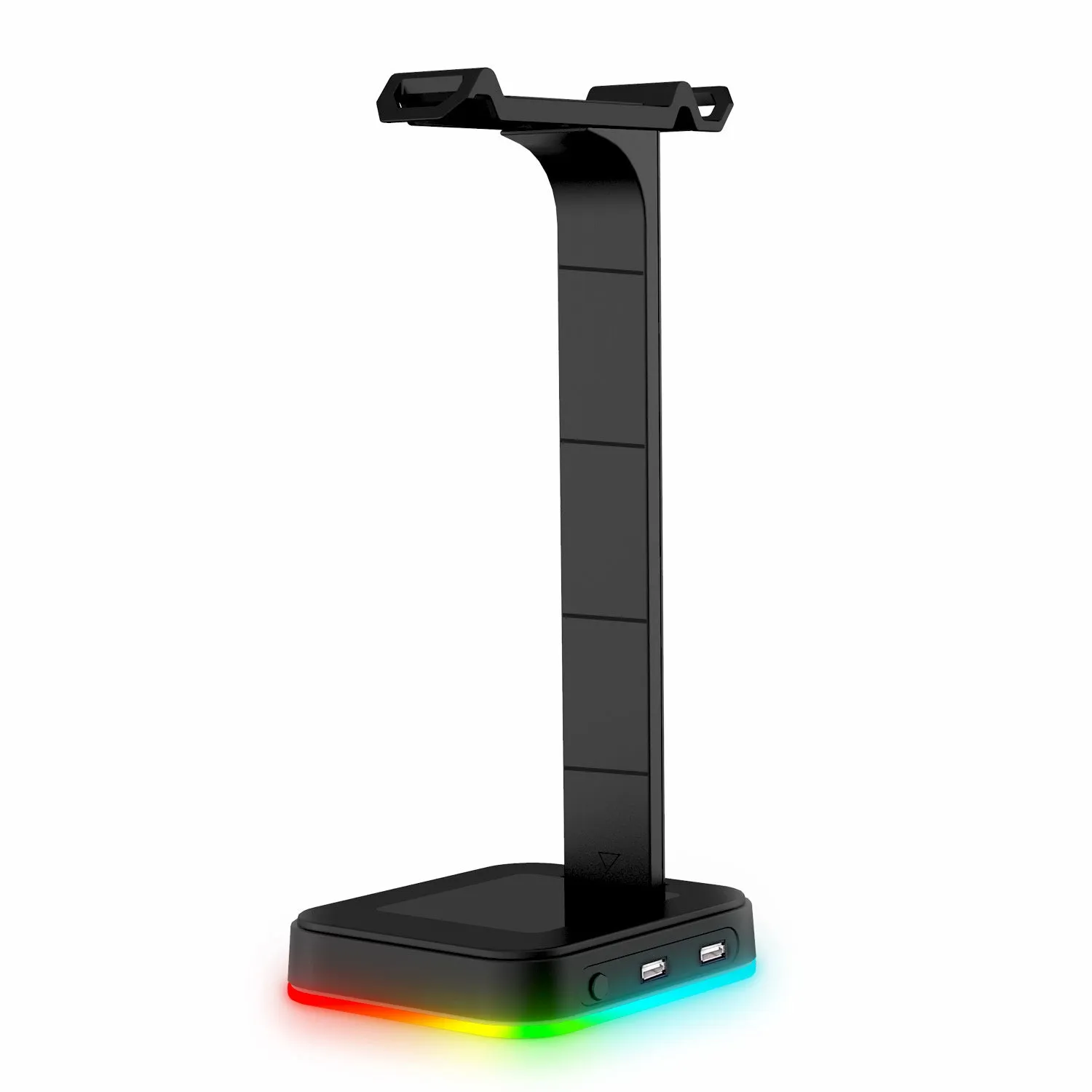 RGB colour changing headset bracket with USB ports displaying headphones