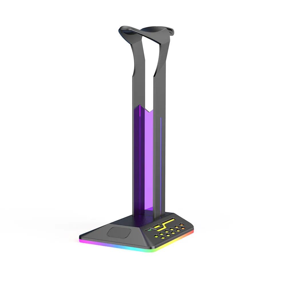 RGB colour changing headset bracket with USB ports displaying headphones