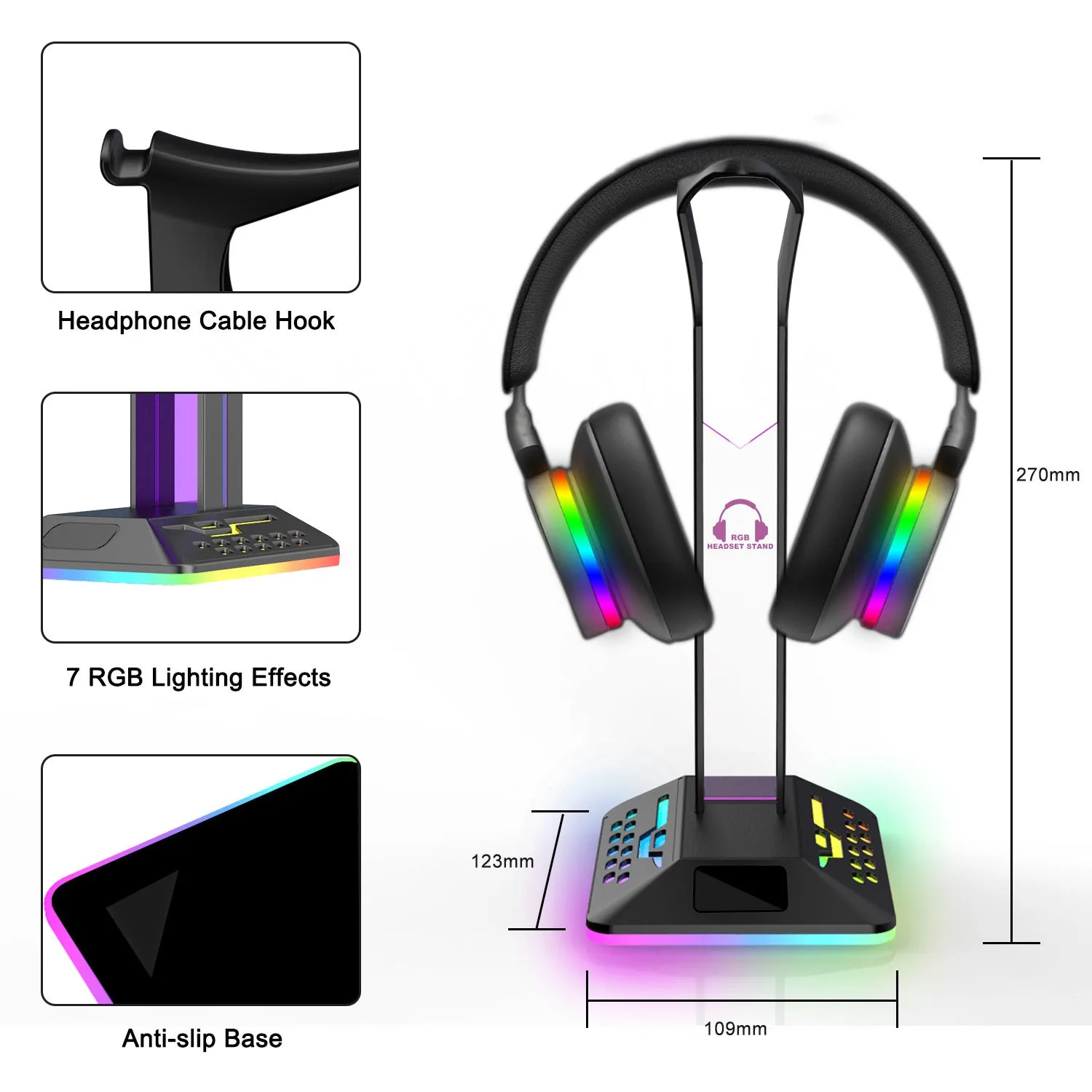 RGB colour changing headset bracket with USB ports displaying headphones