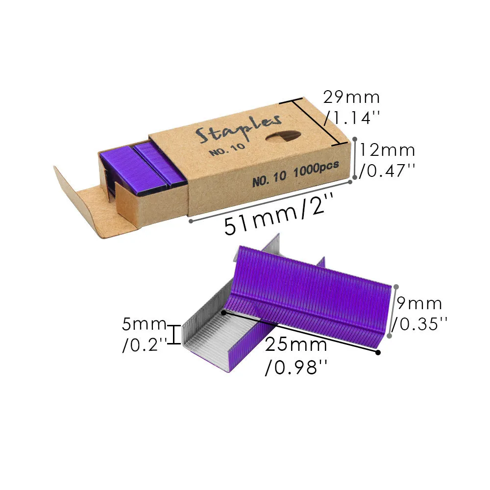 Box of 1000 metal stitching needles and staples in black, purple, rose gold, and rose red colour options.