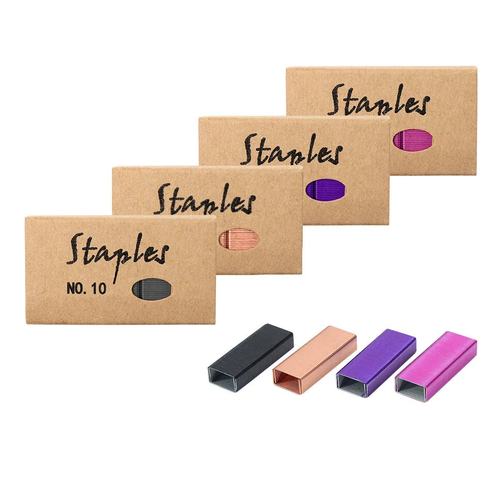Box of 1000 metal stitching needles and staples in black, purple, rose gold, and rose red colour options.