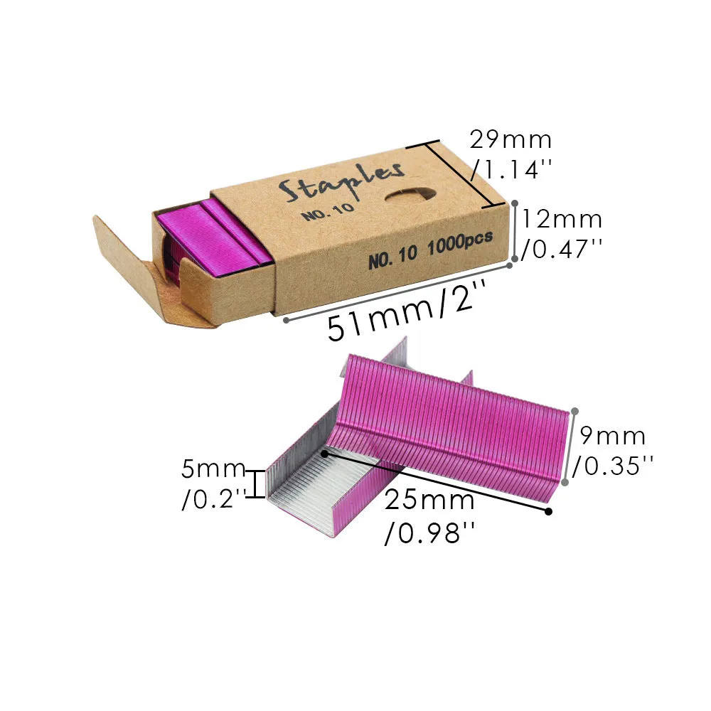 Box of 1000 metal stitching needles and staples in black, purple, rose gold, and rose red colour options.
