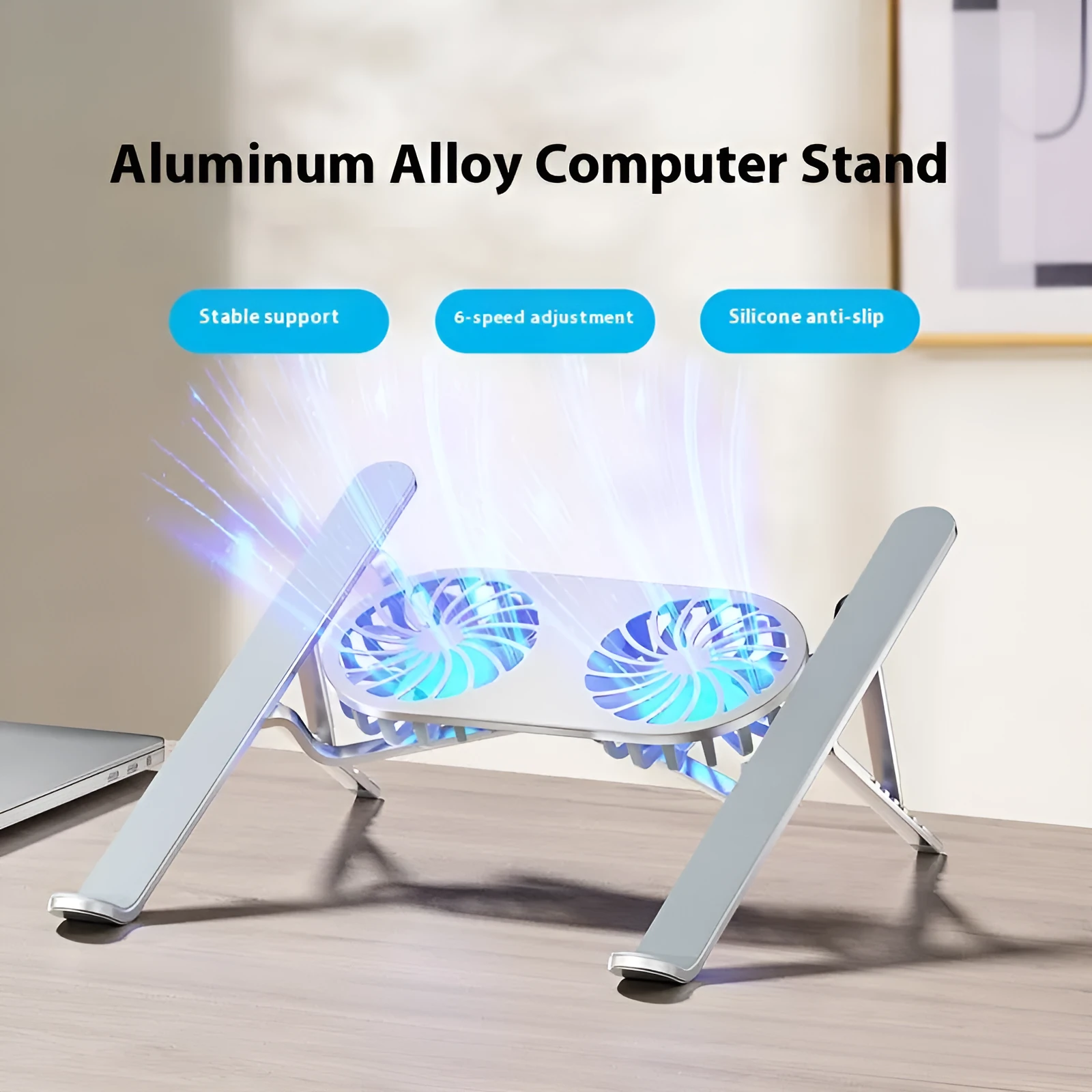 Aluminium alloy laptop cooling stand with twin fans and height adjustment mechanism