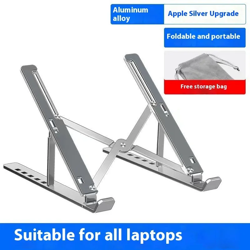 Silver aluminium alloy folding laptop stand holding a laptop, shown alongside its black cloth storage bag.