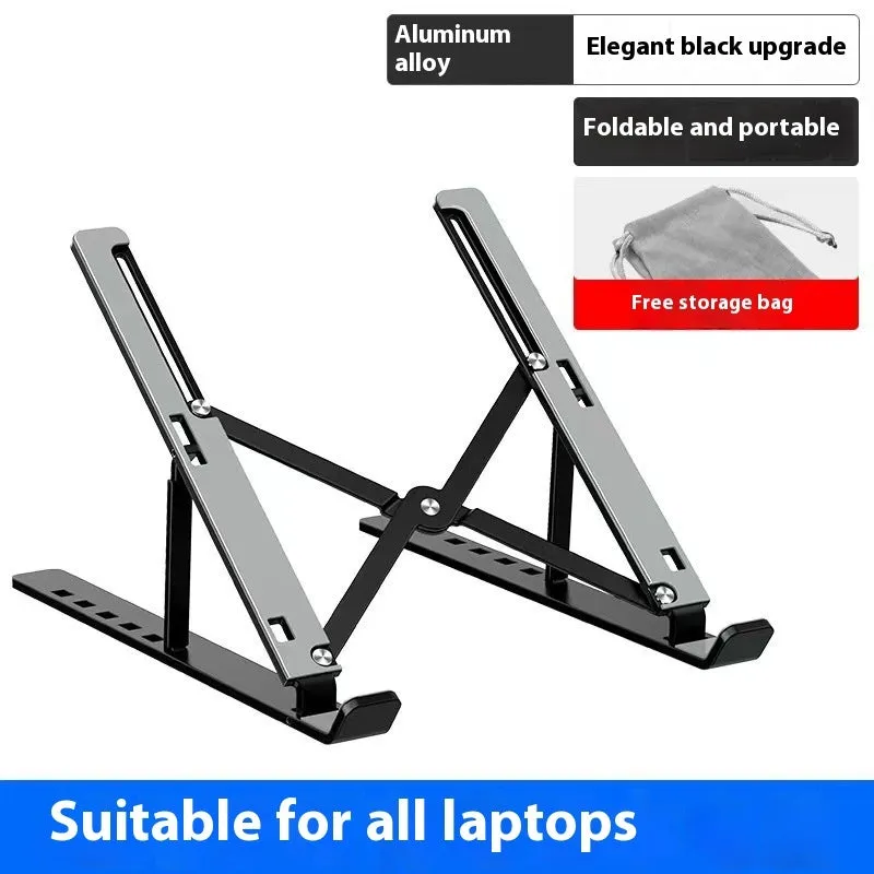 Silver aluminium alloy folding laptop stand holding a laptop, shown alongside its black cloth storage bag.