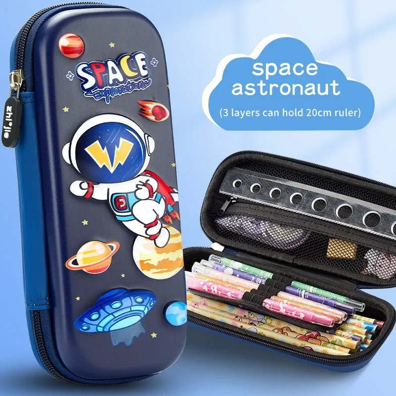 3D leather pencil case with embossed character design showing detailed astronaut or fantasy creature artwork