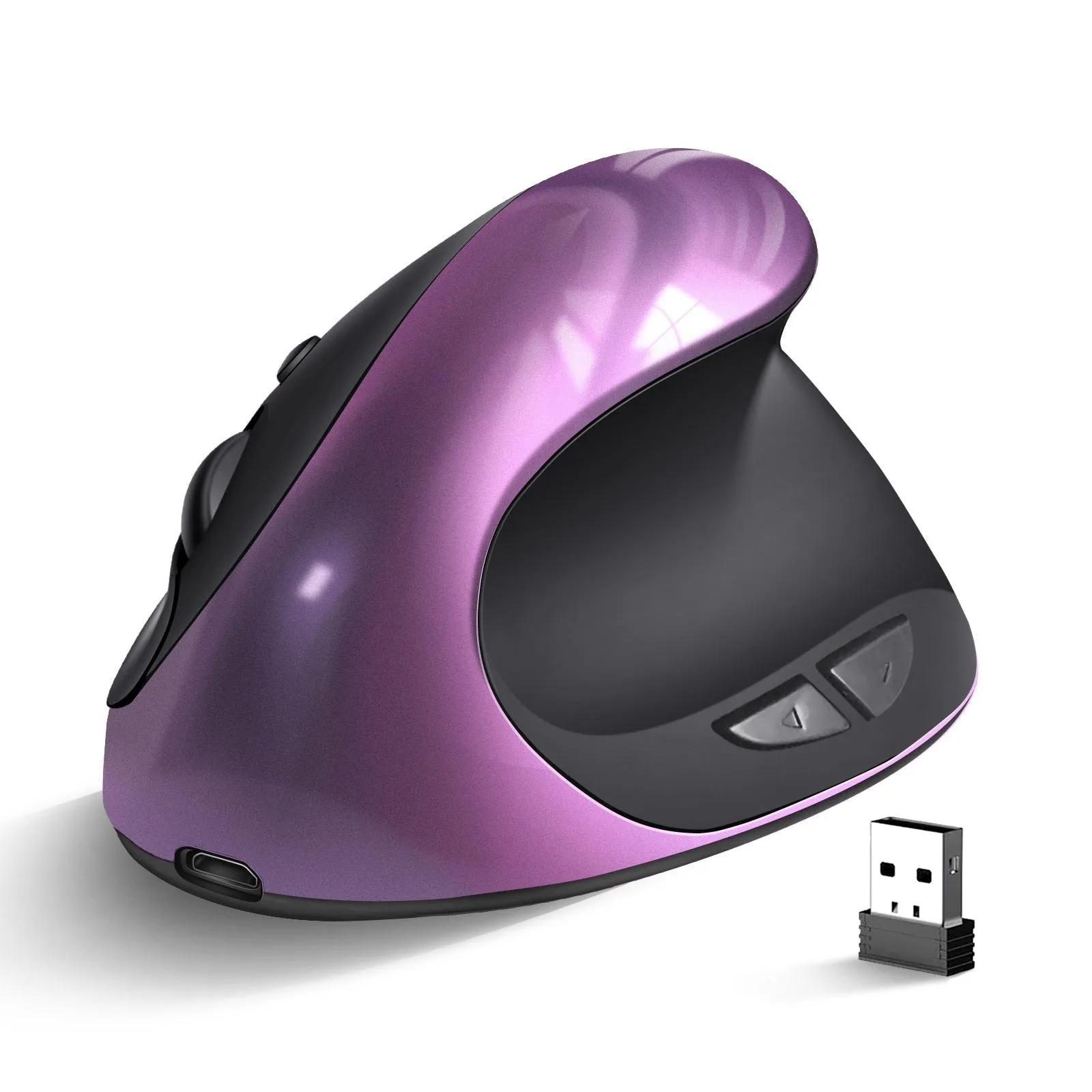 Vertical ergonomic computer mouse in multiple colours including rechargeable purple with wireless charging