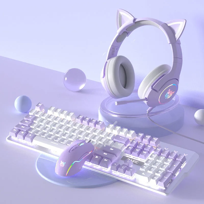 Purple and white mechanical keyboard and optical mouse set with backlighting on desktop