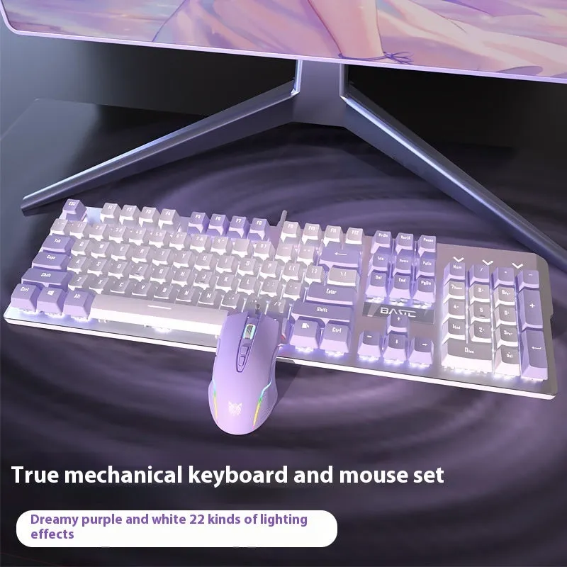 Purple and white mechanical keyboard and optical mouse set with backlighting on desktop