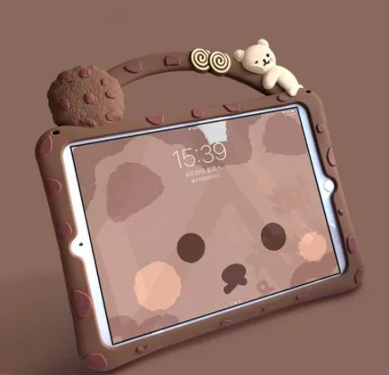Brown cartoon-style silicone sleeve for iPad with a bracket handle, shown on a tablet.
