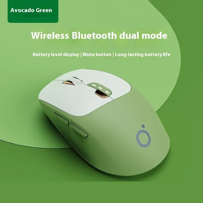 Mute wireless Bluetooth and 2.4GHz computer mouse in Matcha Green colour on a wooden desk
