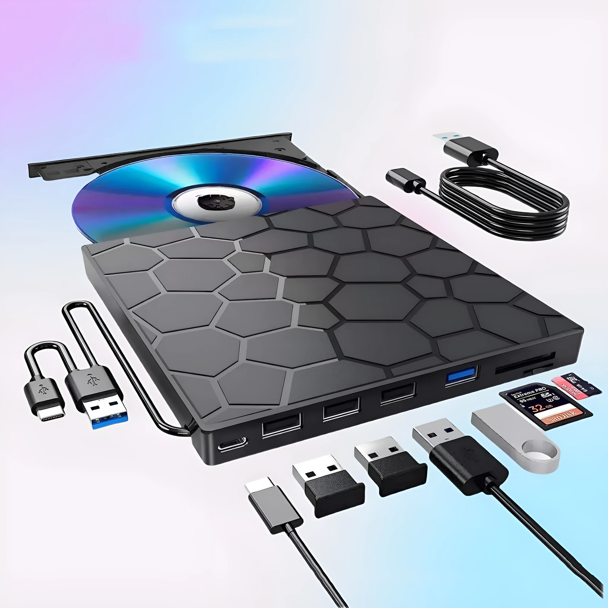 Black USB external CD drive writer with compact portable design
