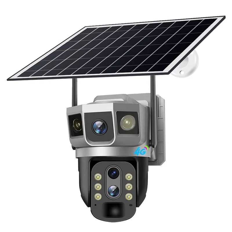 V380 white outdoor 4G security camera with solar panel on a wall mount
