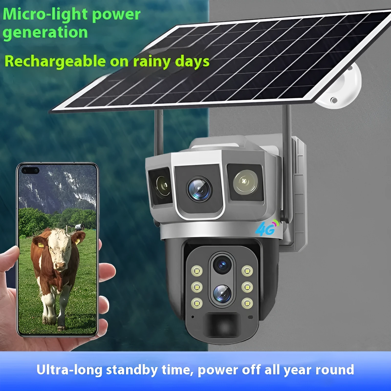 V380 white outdoor 4G security camera with solar panel on a wall mount