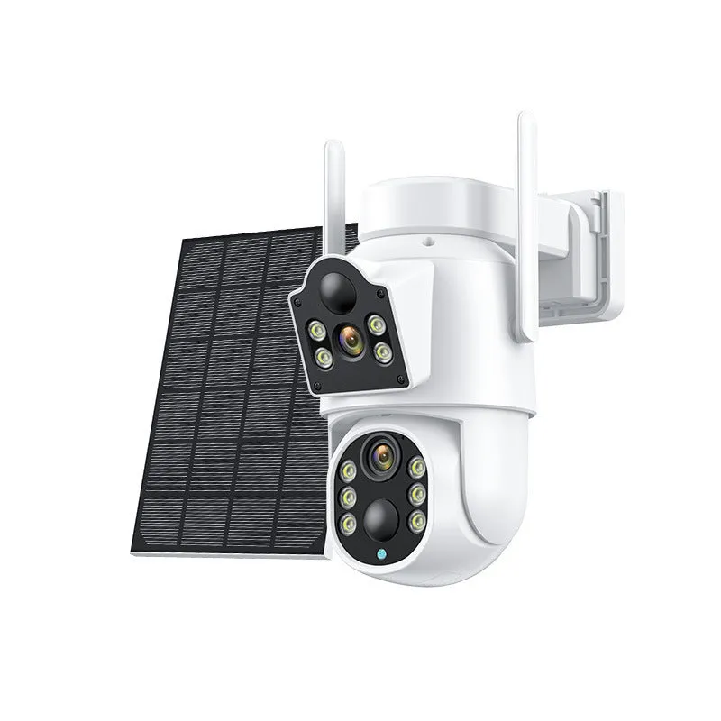 Outdoor solar-powered wireless Wi-Fi surveillance camera with solar panel on a wall.
