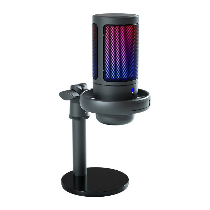 USB condenser microphone with colourful LED light ring, shown with a cantilever mounting arm on a desk.