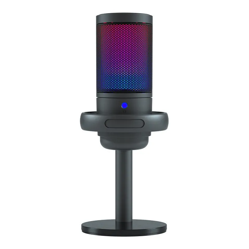 USB condenser microphone with colourful LED light ring, shown with a cantilever mounting arm on a desk.