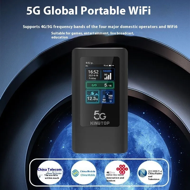 Black portable 5G Wi-Fi router with LCD display showing connectivity status and battery level