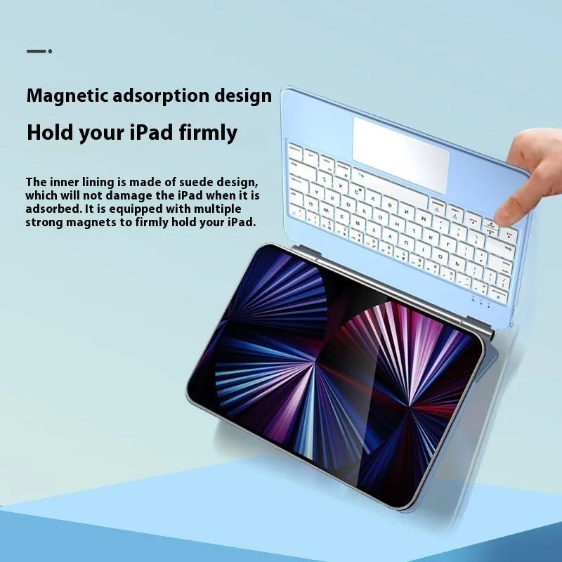 Bluetooth wireless keyboard with magnetic protective cover for iPad Pro and iPad Air tablets in various colours.