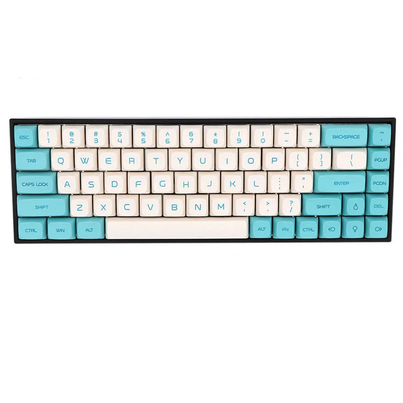 Set of PBT plastic replacement keycaps for a 68-key mechanical keyboard in various colours.