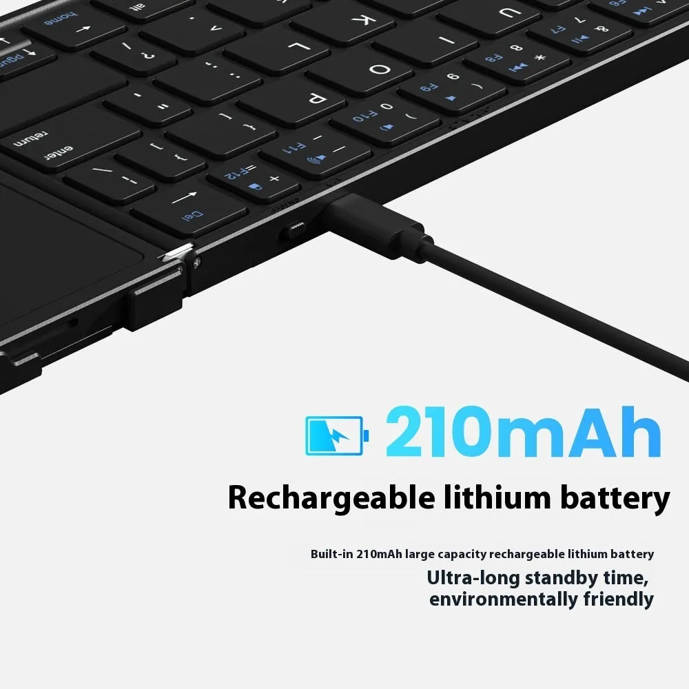 Black folding Bluetooth keyboard for mobile phones and tablets shown in open and closed positions