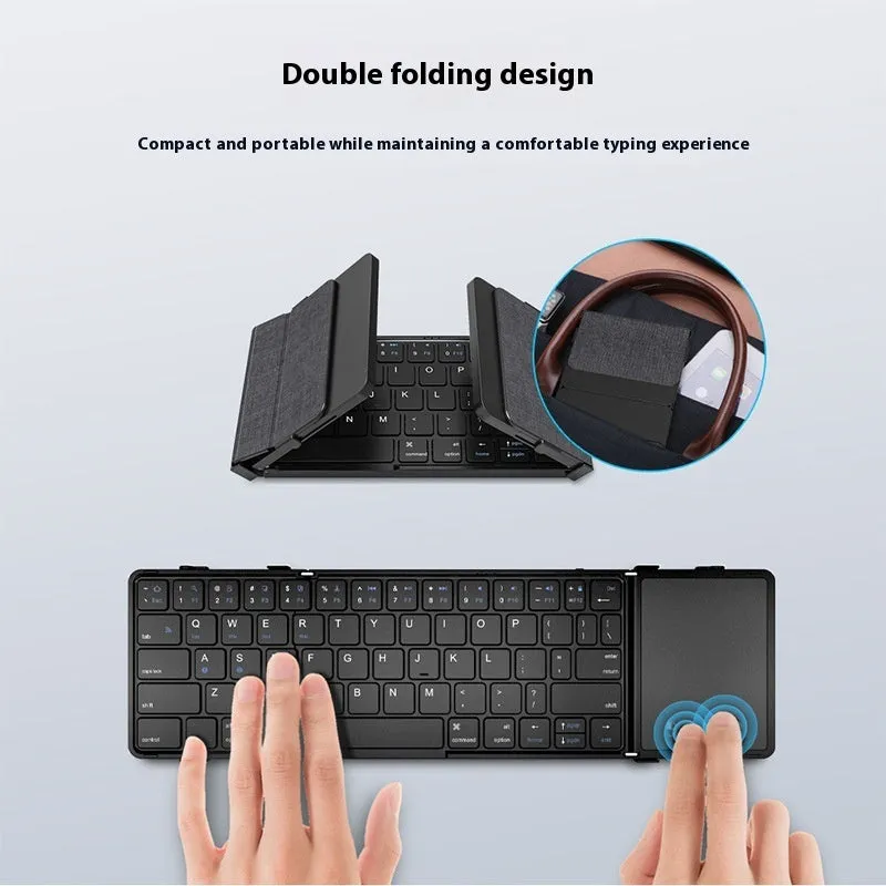 Black folding Bluetooth keyboard for mobile phones and tablets shown in open and closed positions