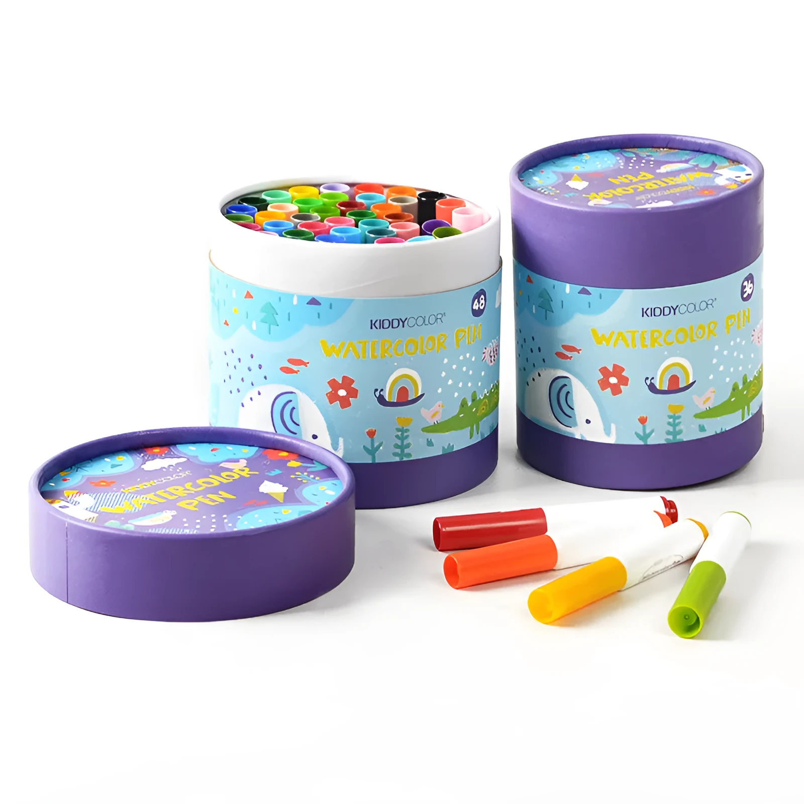Children's washable watercolour pen set showing 36 and 48 colour barrel options with non-toxic plastic construction